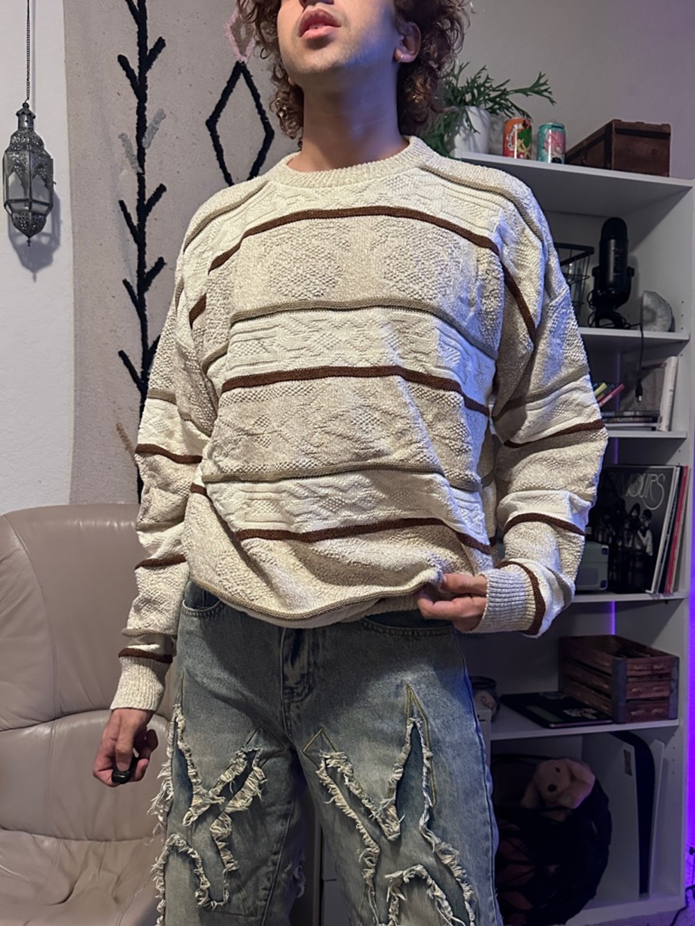 Men's Cream & Brown Striped Crewneck Sweater